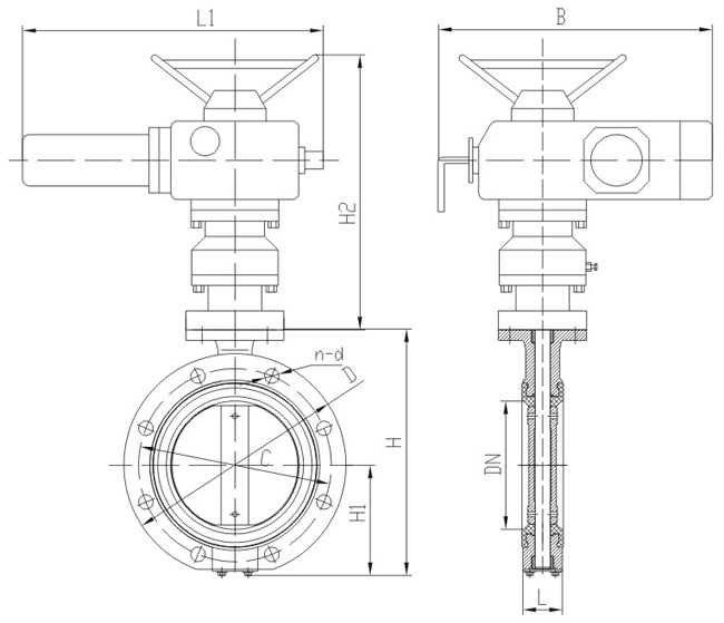 船用法蘭式電動蝶閥CB/T 4173結(jié)構(gòu)圖(圖1) 船用電動法蘭蝶閥
